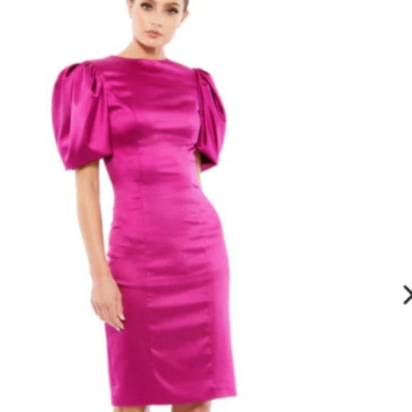 MAC DUGGAL 26636 SATIN PUFF SLEEVE FITTED MAGENTA SHEATH DRESS sz 0